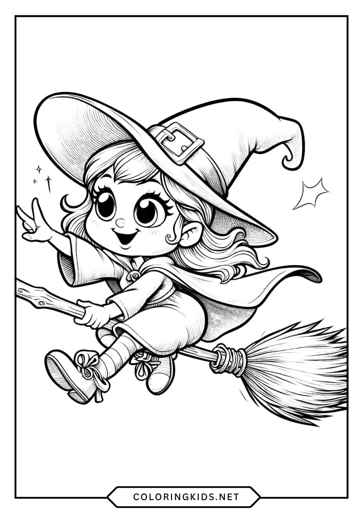 Flying Cute Witch coloring book preview page 1