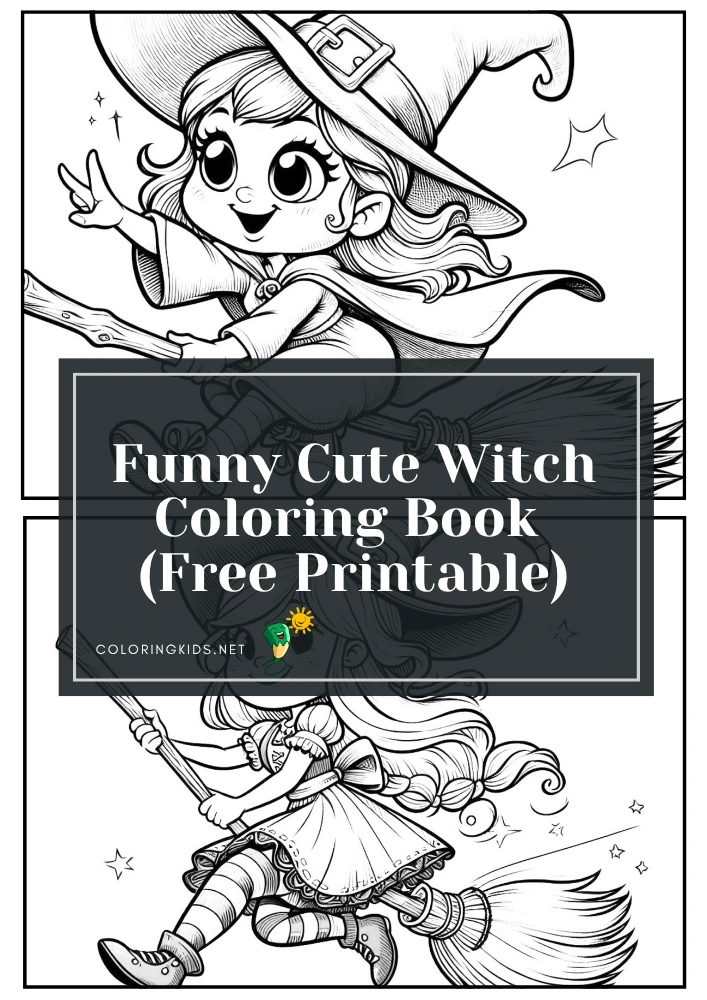 Flying Cute Witch coloring book cover — free printable PDF
