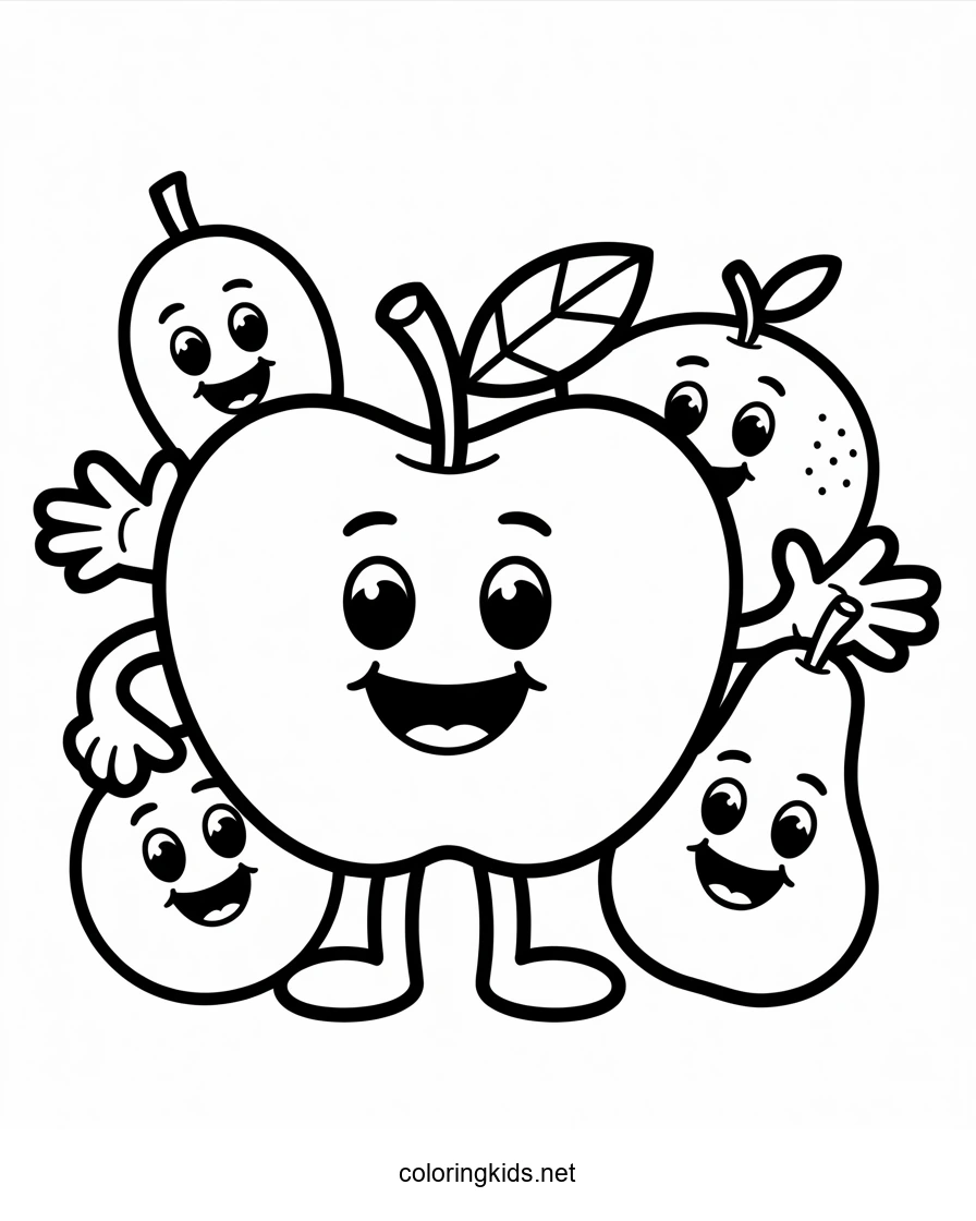 Apple Character Fruits Coloring Pages for Kids, Printable Free
