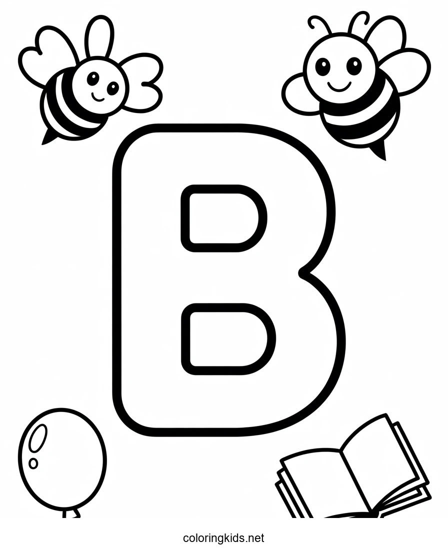 Letter B coloring pages of alphabet (B letter words) for kids, printable