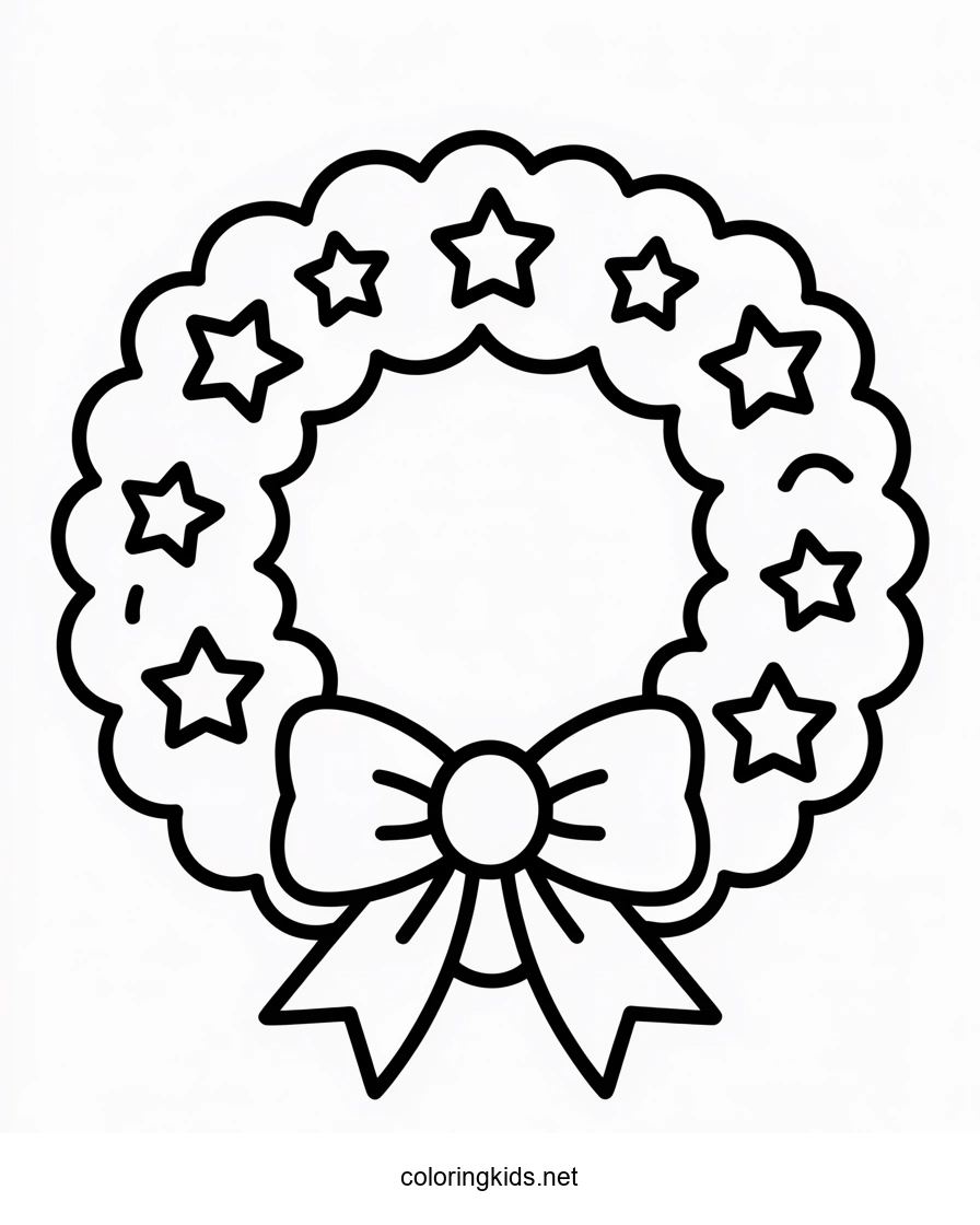 Christmas wreath with bow and stars coloring pages for kids, printable free