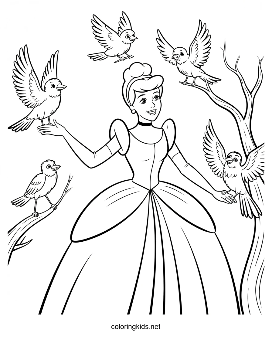 Cinderella and Birds Coloring Pages for Kids, Printable Free