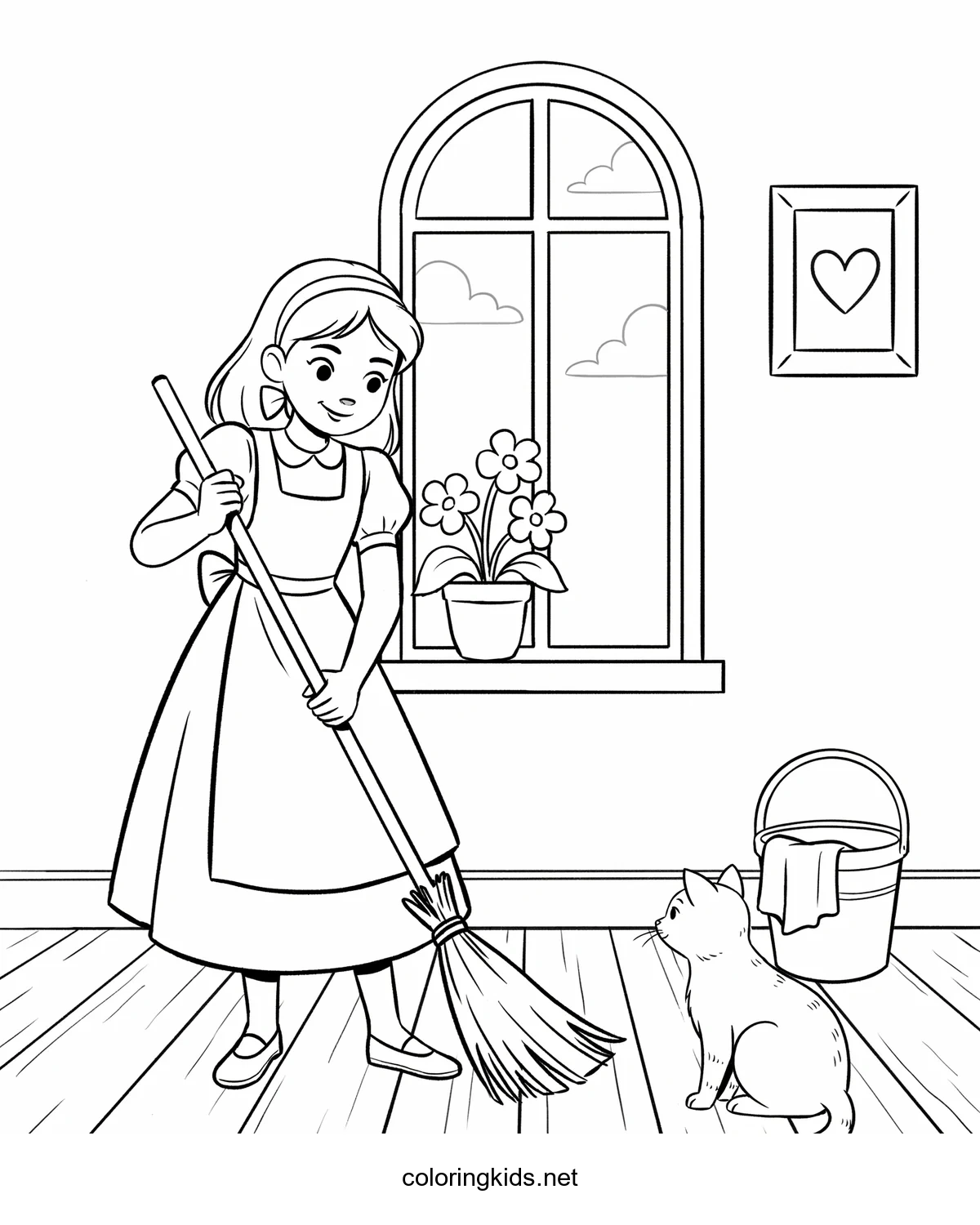 Cinderella Cleaning coloring pages for kids, printable free