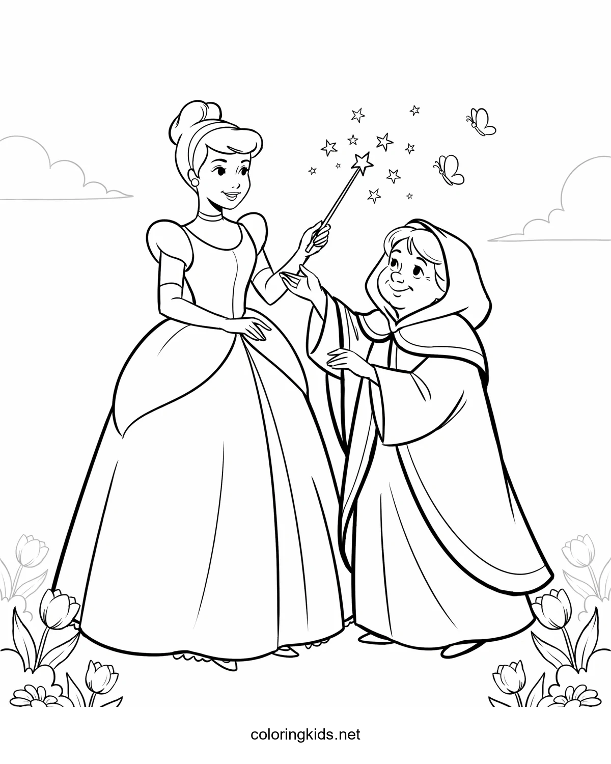 Cinderella – Fairy Godmother coloring pages for kids, printable free