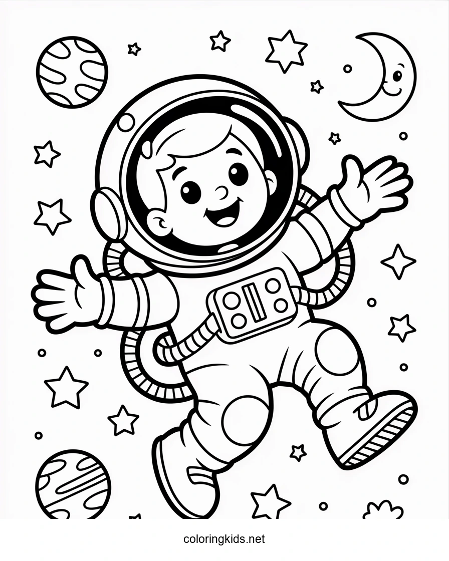 Little astronaut in a space – Coloring page for kids