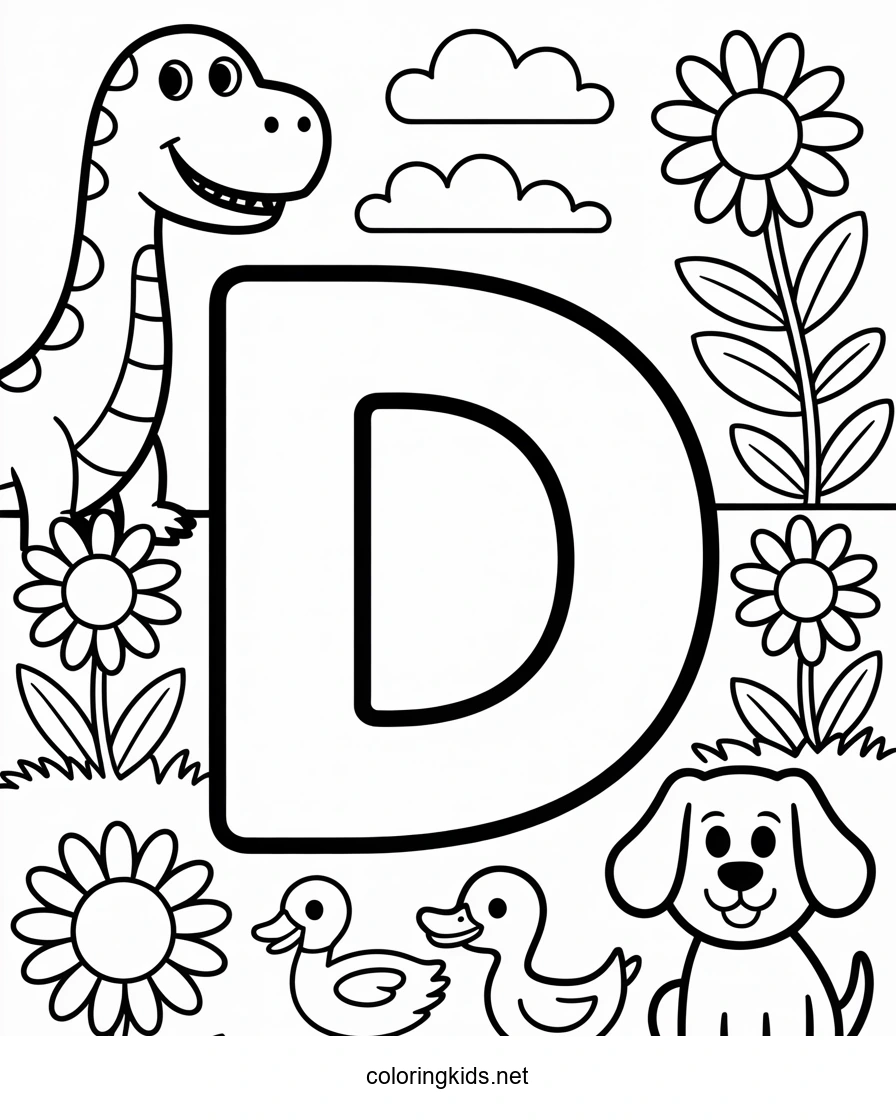 Letter D coloring pages of alphabet (D letter words) for kids, printable