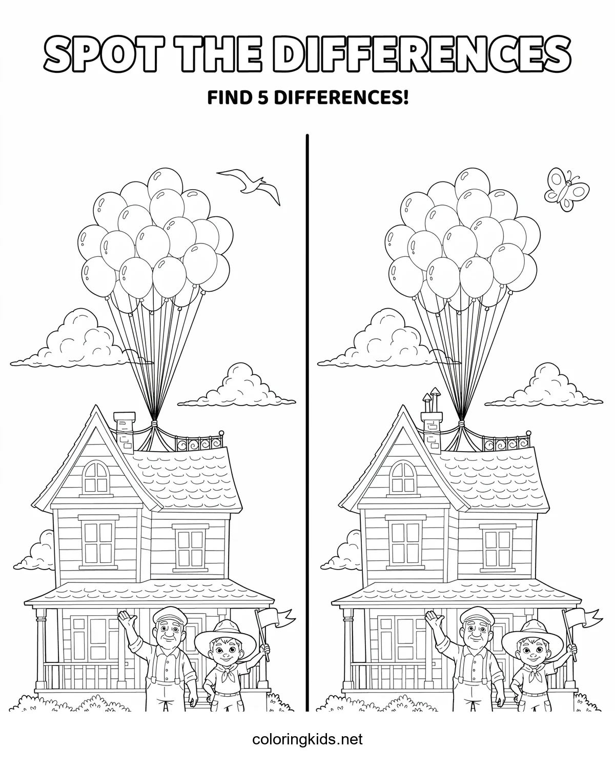 Disney's Up – Spot the Difference coloring pages for kids, printable free