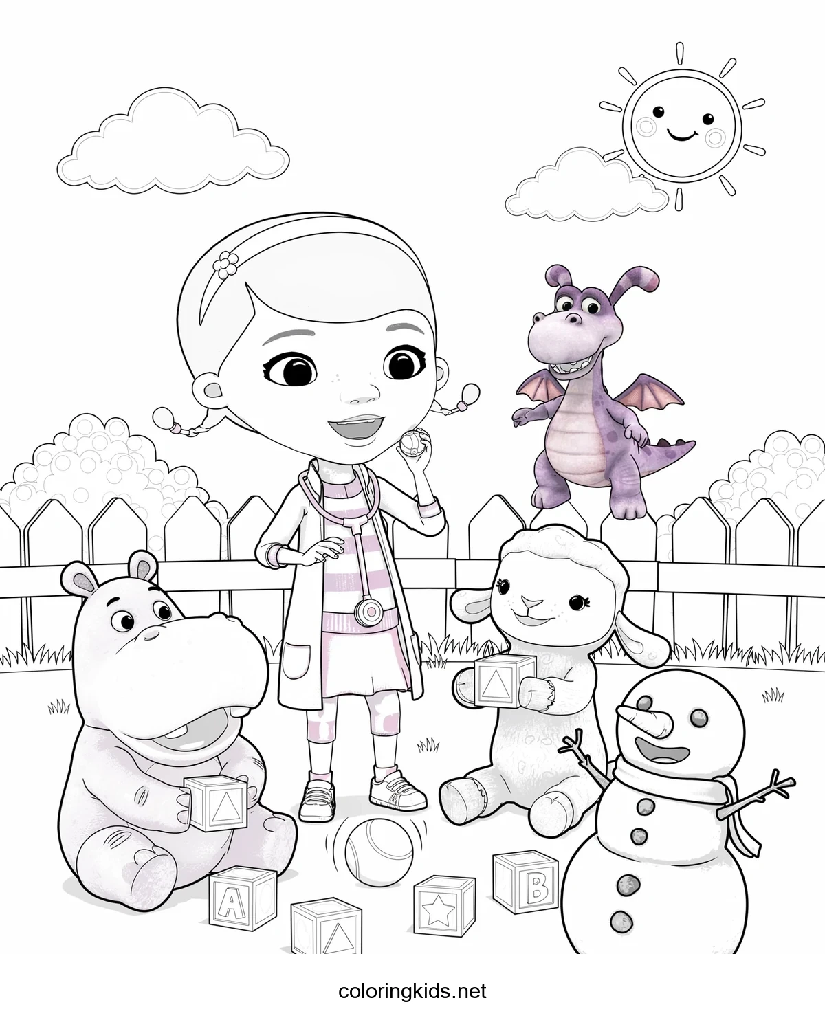 Doc McStuffins – Character Group coloring pages for kids, printable free