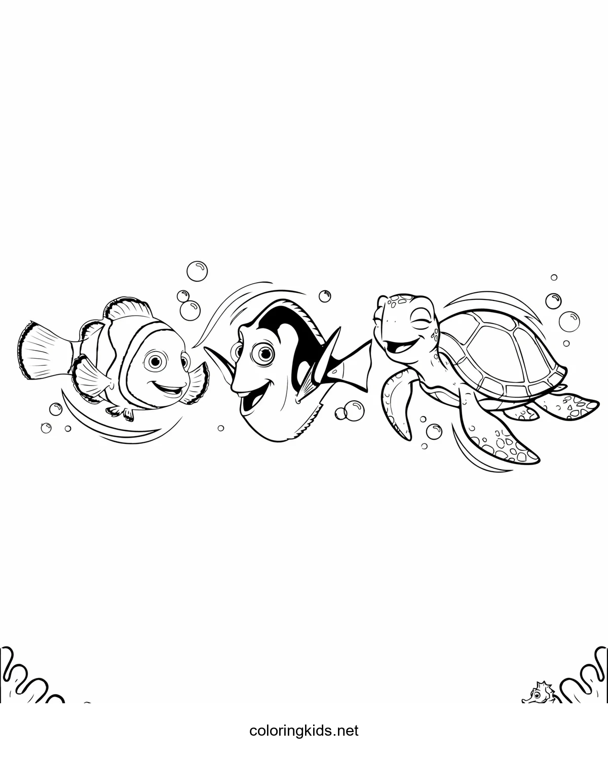 Finding Nemo – Marlin, Dory & Crush coloring pages for kids, printable free