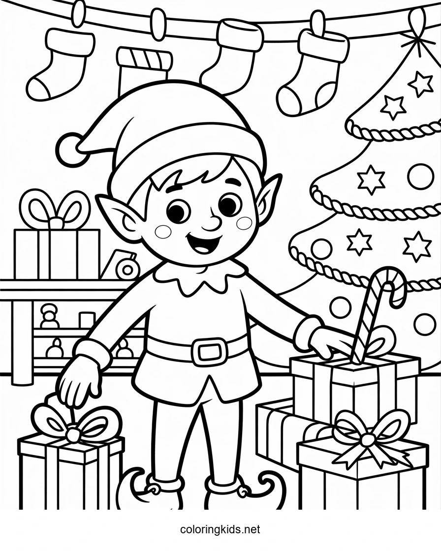 Funny christmas elf coloring pages for kids, printable free