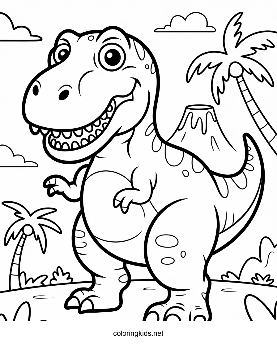 Funny dinosaur T-Rex cartoon coloring pages for kids, printable free