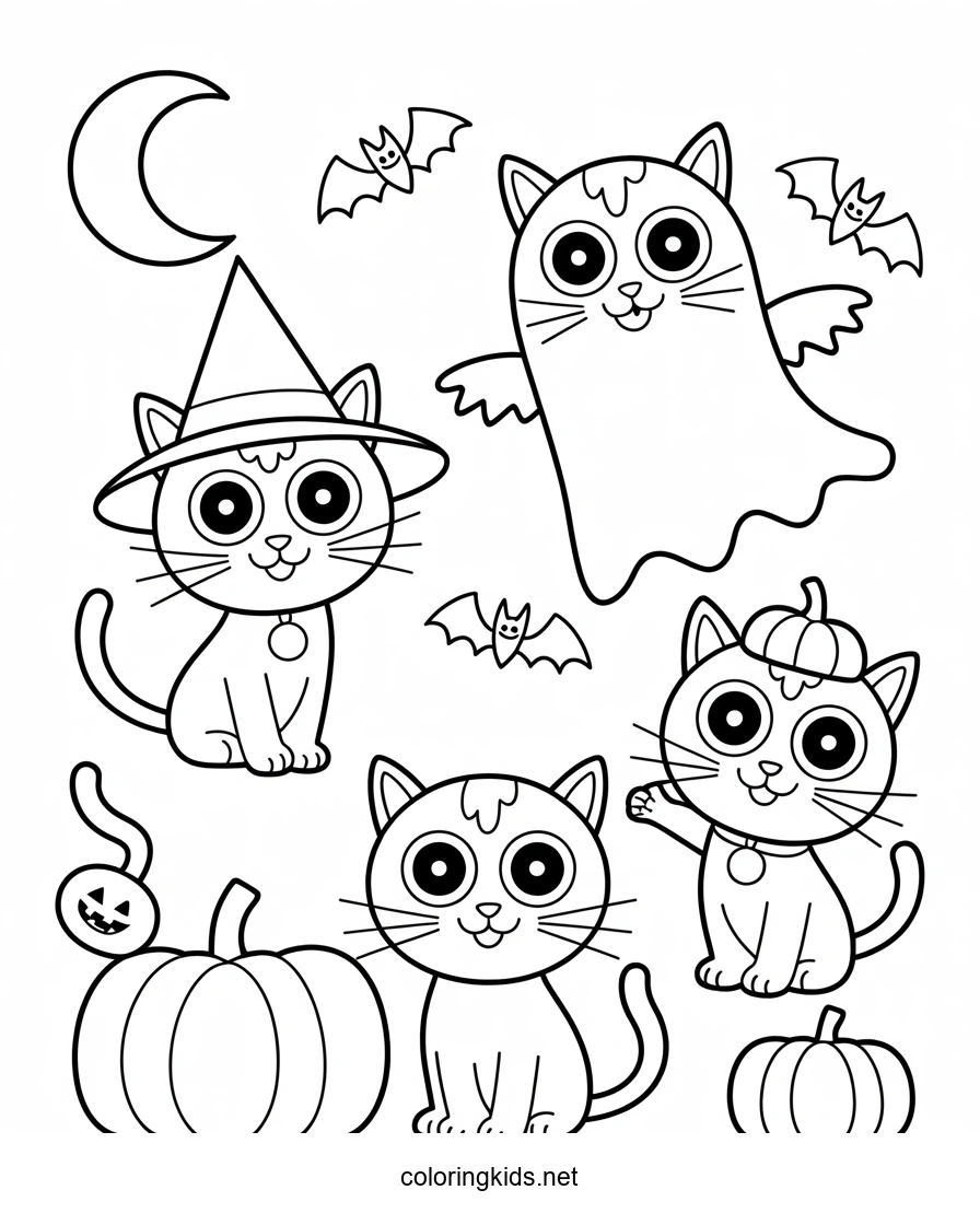 Funny Halloween cats coloring page for kids, printable free