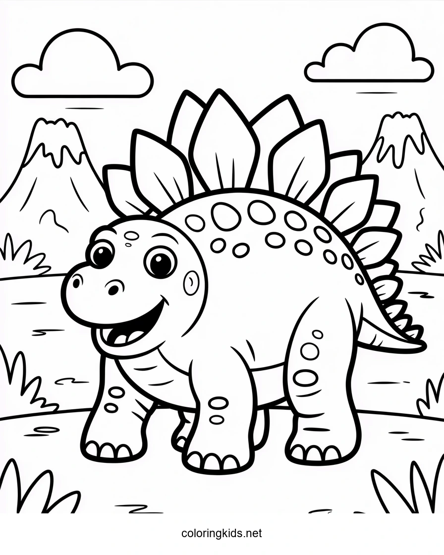Funny stegosaurus dinosaur cartoon coloring pages for kids, printable free