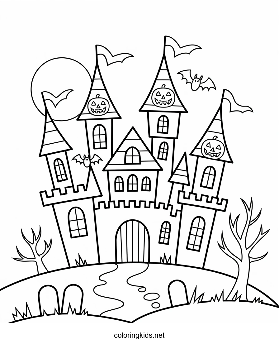 Halloween Castle Coloring Page for Kids, Printable Free