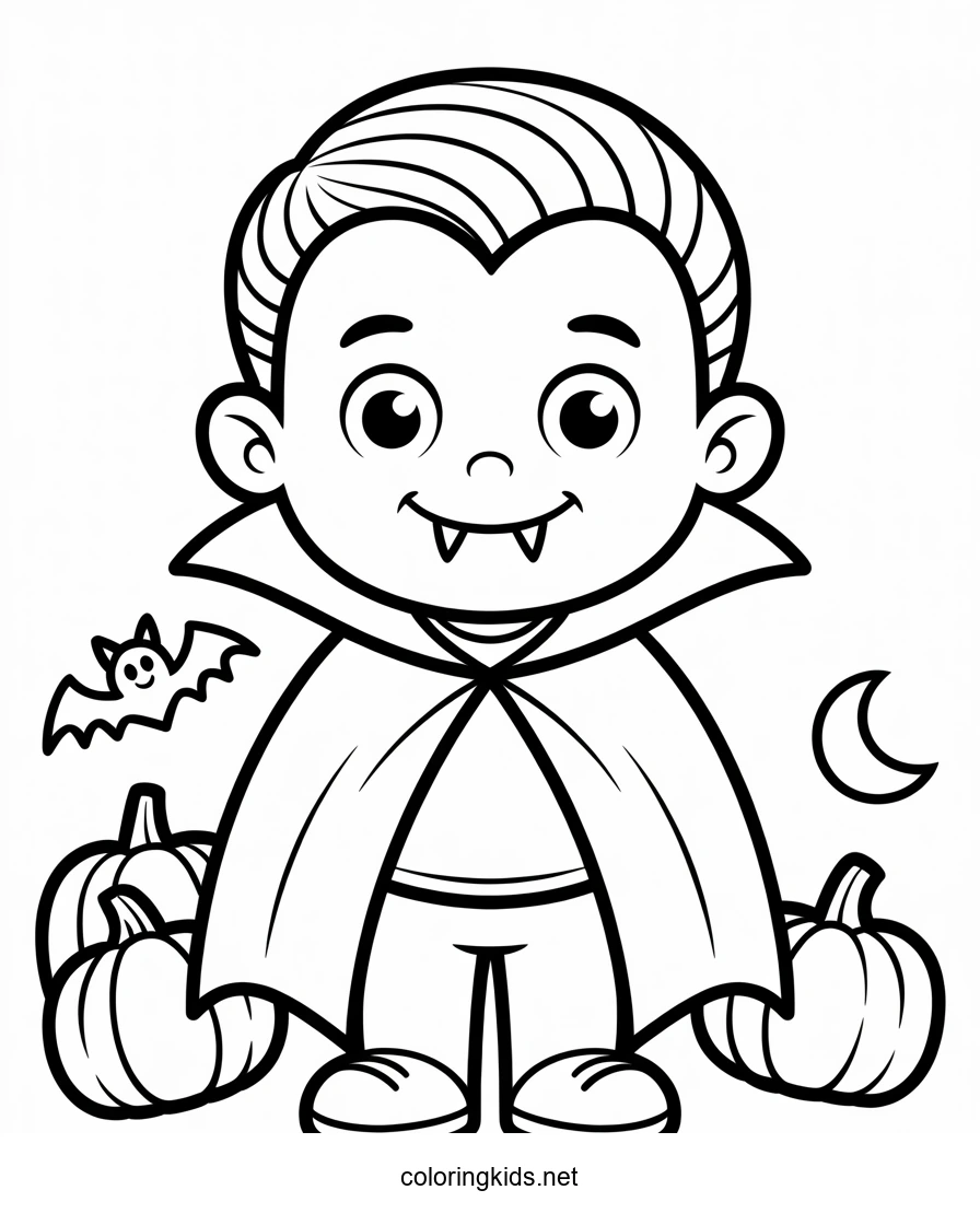 Halloween Little Funny Vampire Coloring Page for Kids, Printable Free