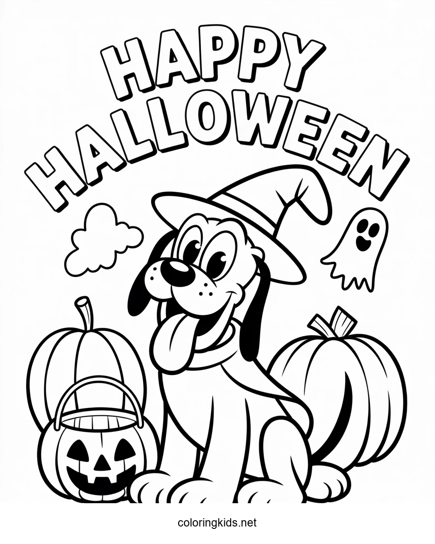 Happy Halloween with Pluto Disney Coloring Page for Kids, Printable Free