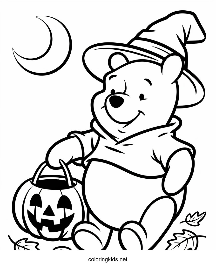 Happy Halloween with Winnie the Pooh Coloring Page for Kids, Printable Free