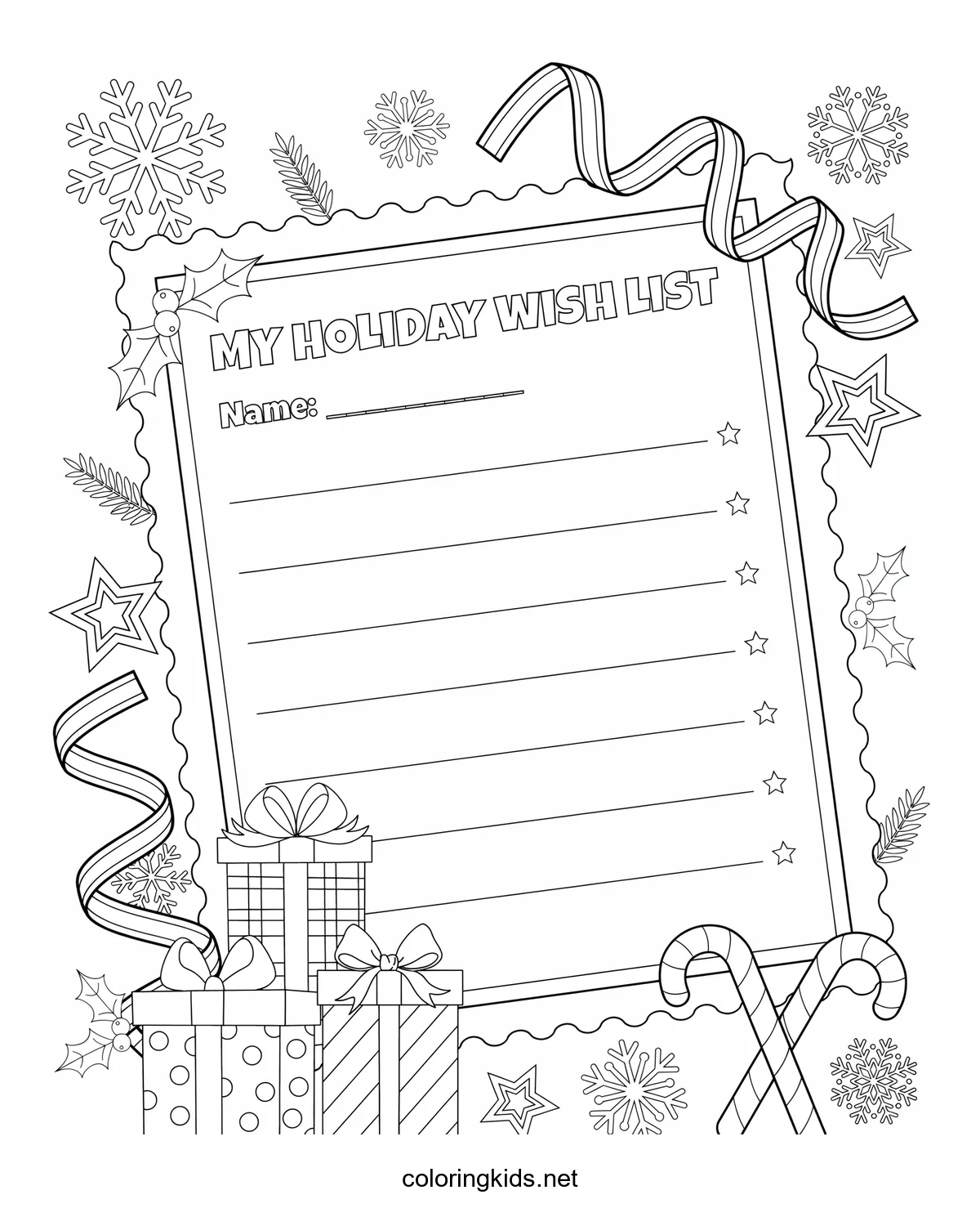 Holiday Wish List coloring pages for kids, printable free