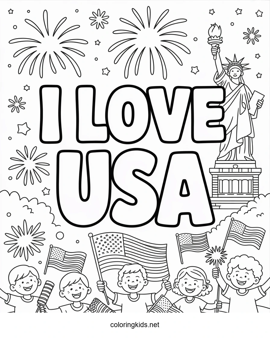 I love USA coloring pages, July 4 independence day coloring pages for kids, printable free