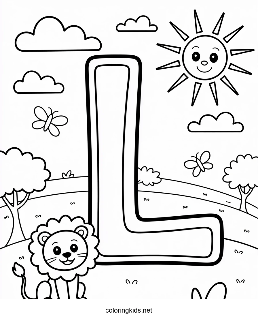 Letter L coloring pages of alphabet (L letter words) for kids, printable