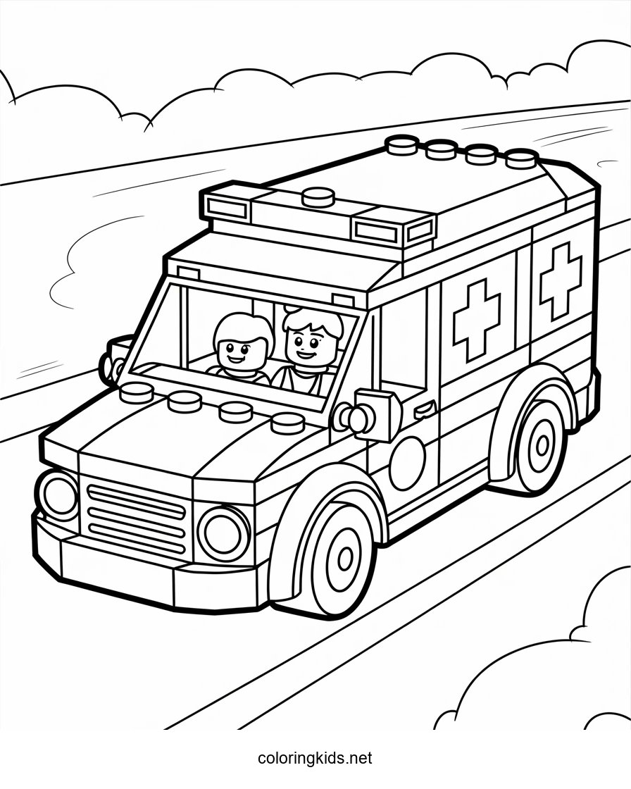 Lego ambulance car coloring page for kids, printable…