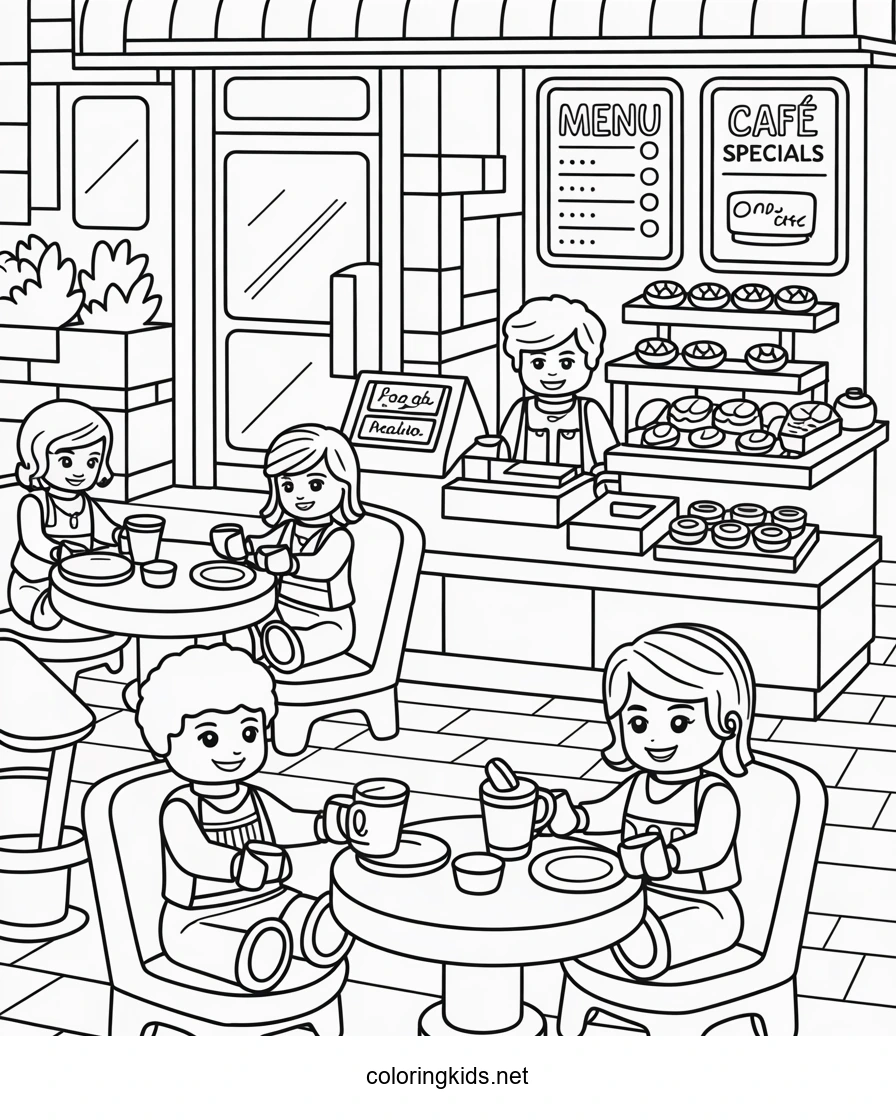 Lego cafe coloring page for kids, printable free. Le…