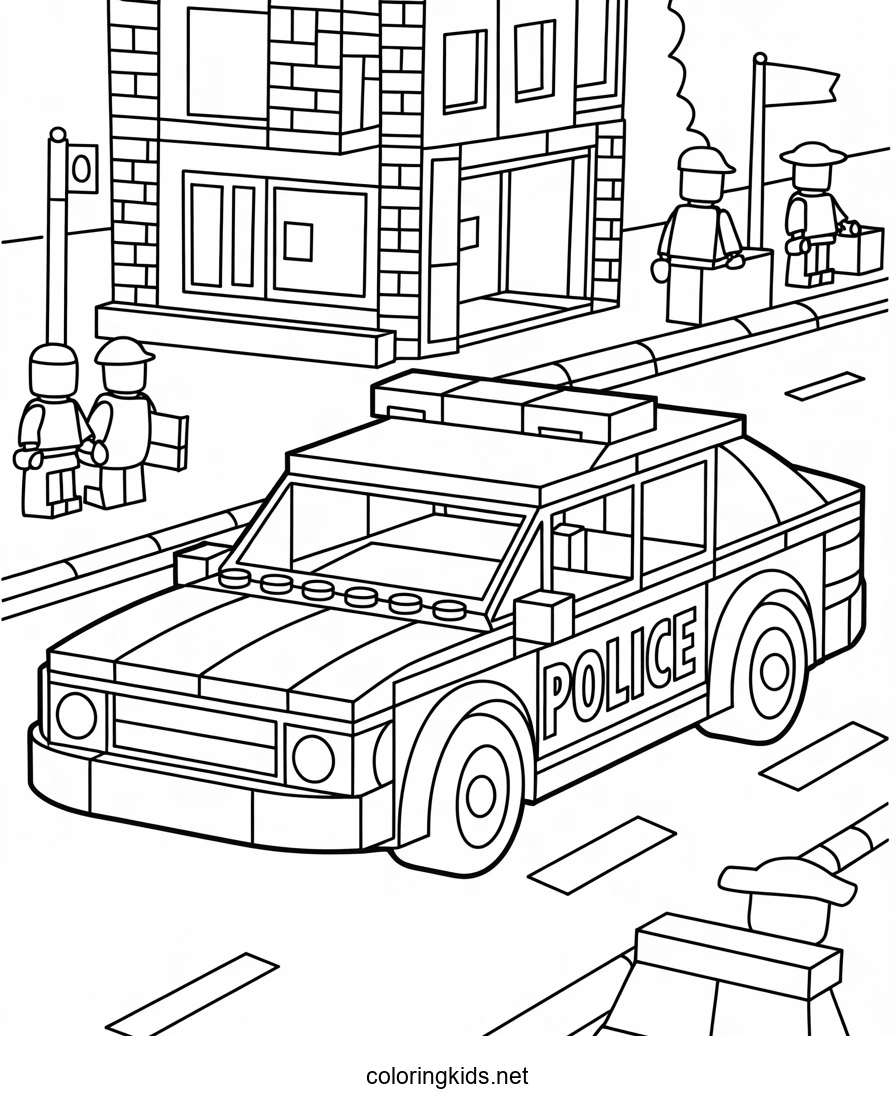 Lego police car coloring page for kids, printable fr…