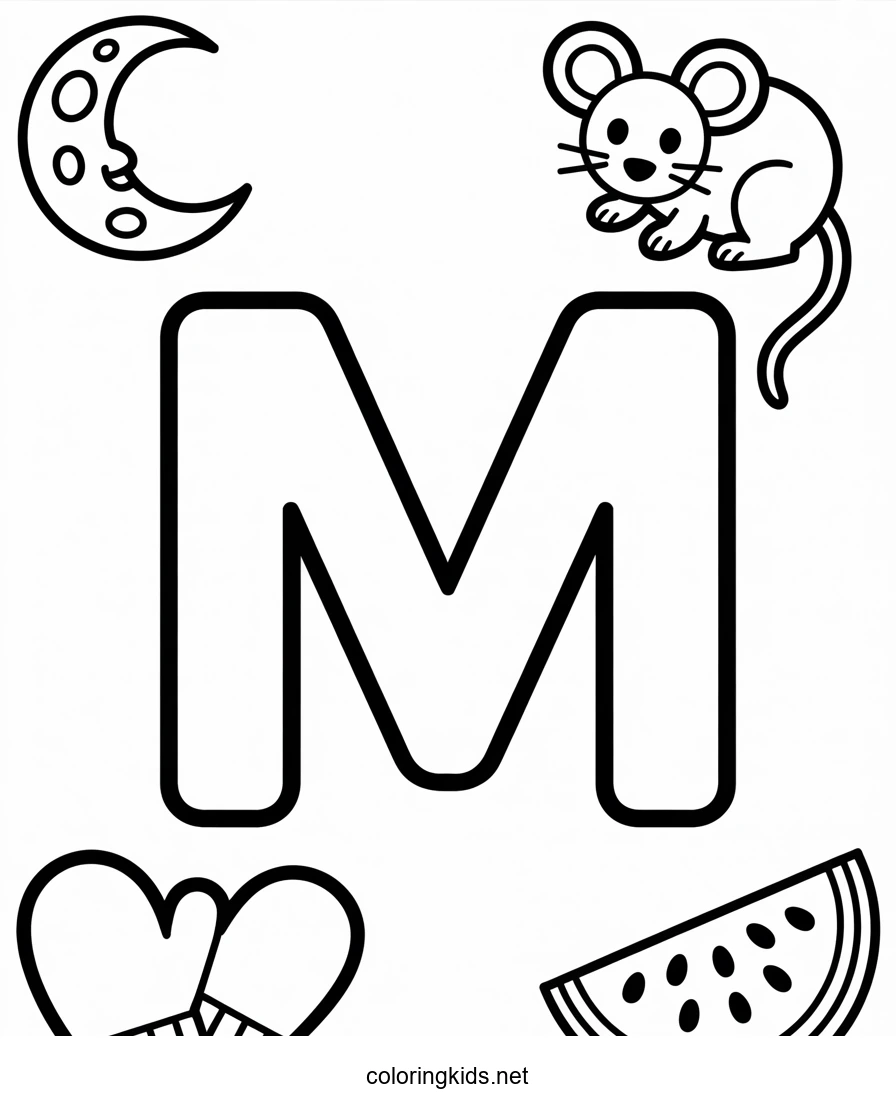 Letter M coloring pages of alphabet (M letter words) for kids, printable