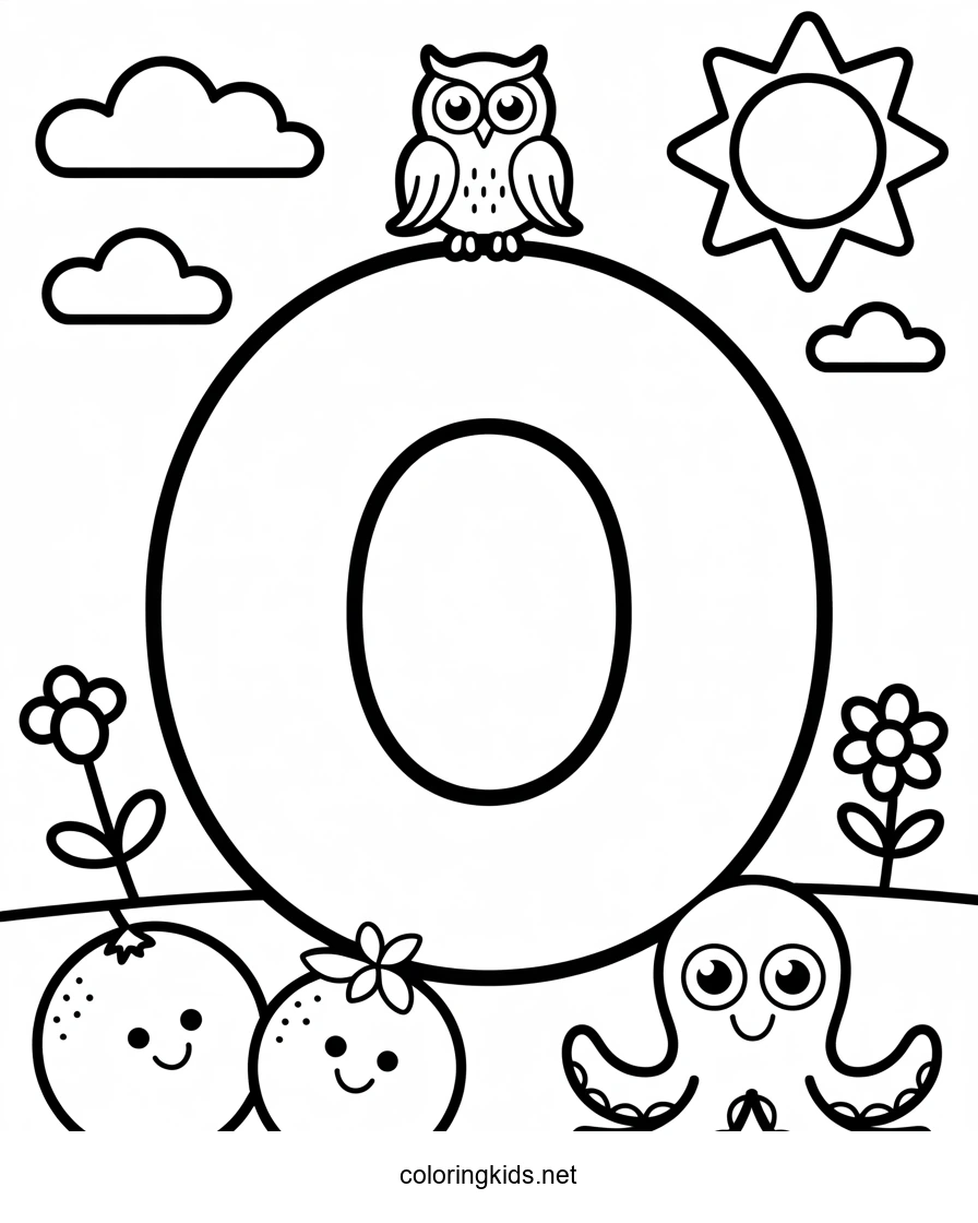 Letter O coloring pages of alphabet (O letter words) for kids, printable