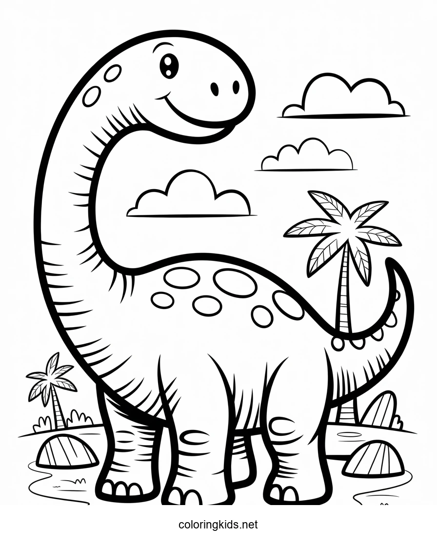 Little dinosaur Brontosaurus cartoon coloring pages for kids, printable free