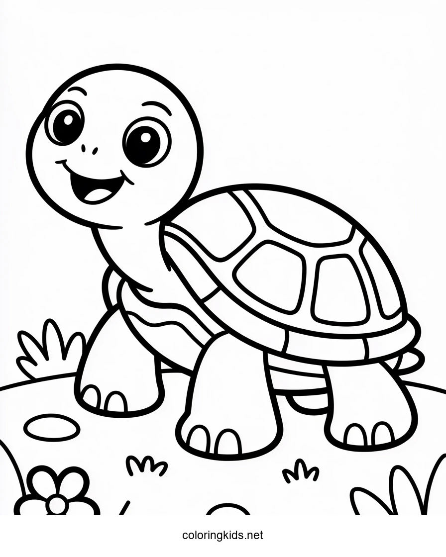 Little turtle cartoon animals coloring pages for kids, printable free