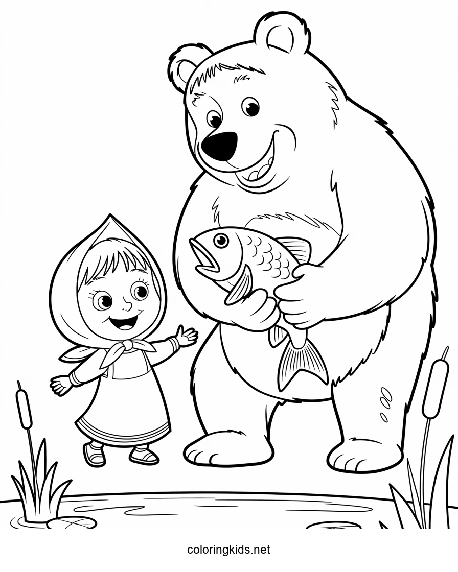 Masha and Bear fish coloring pages for kids printable free
