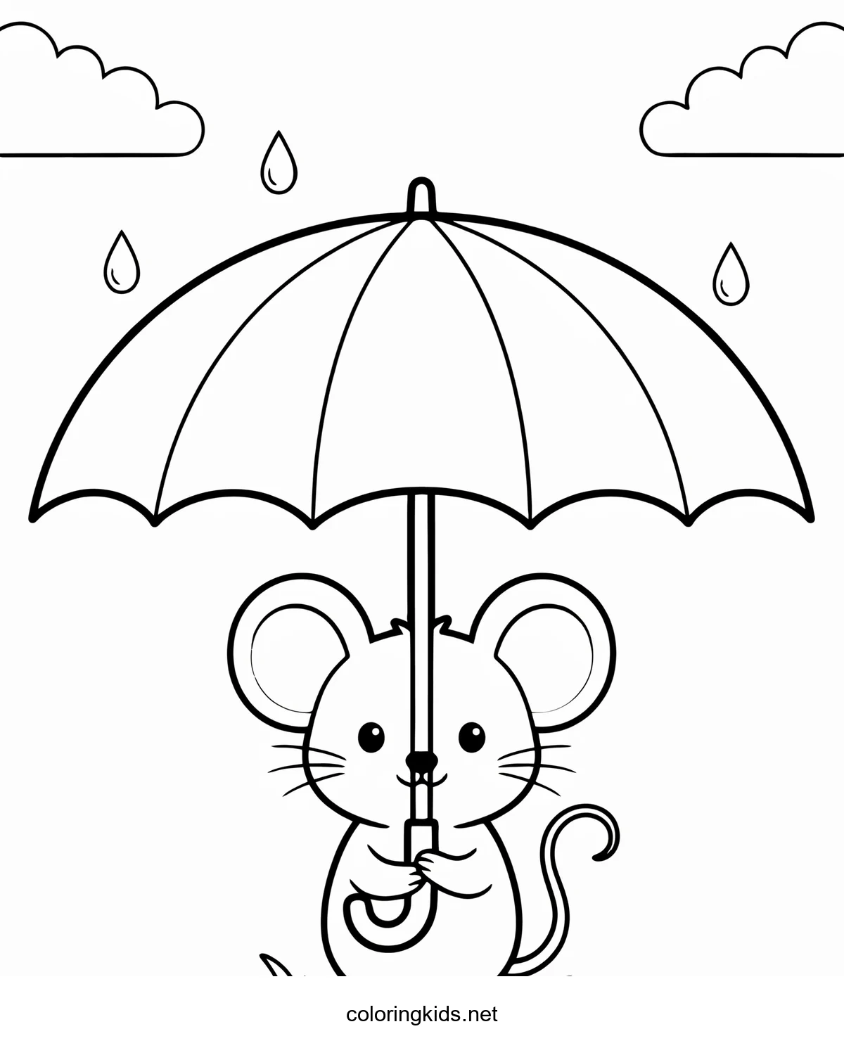 Mouse with Umbrella coloring pages for kids, printable free