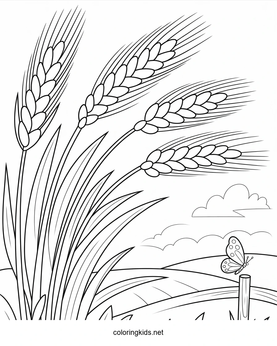 Nature Wheat Coloring Page for Kids, Printable Free