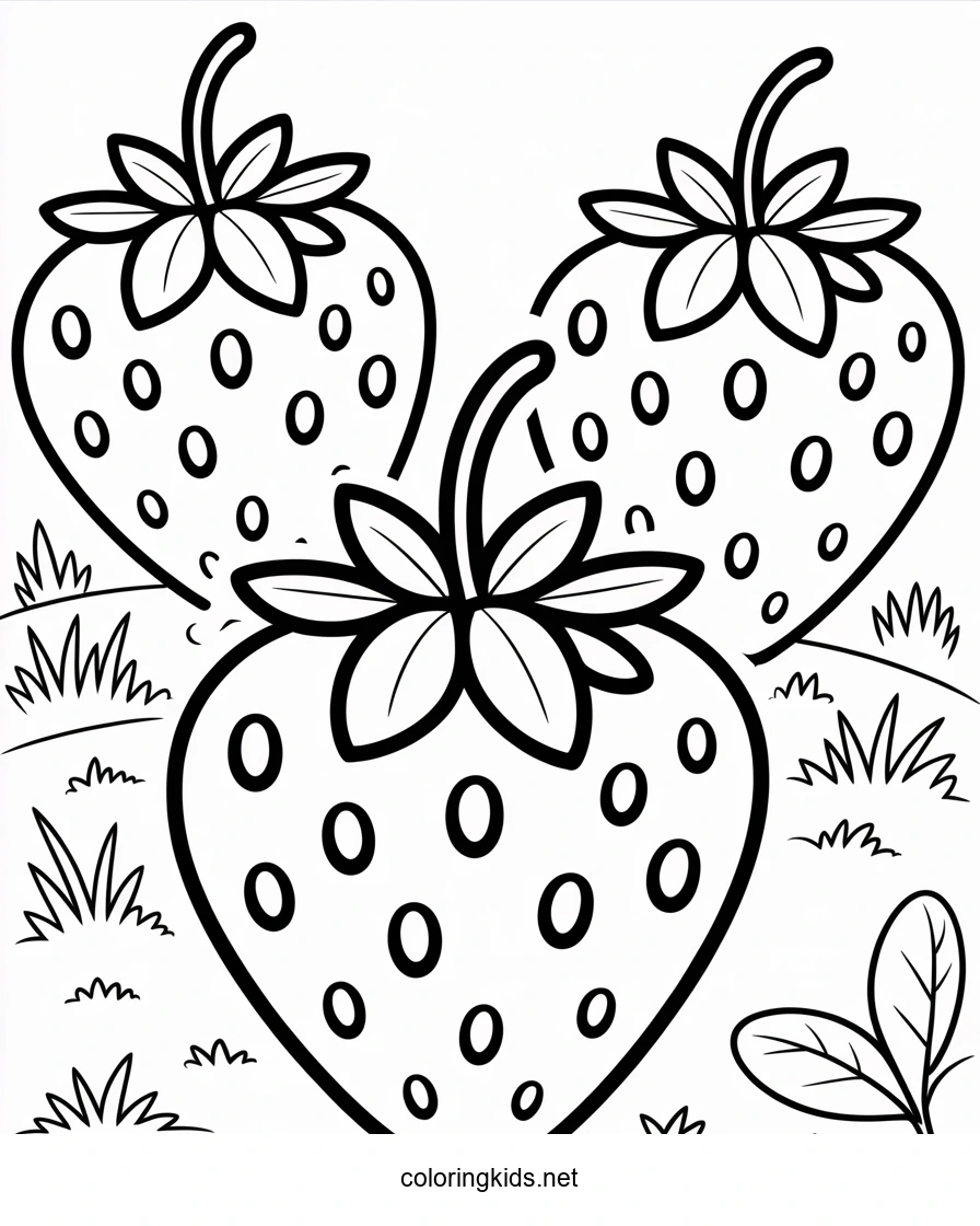 Nice strawberries fruits coloring pages, simple for kids, printable free