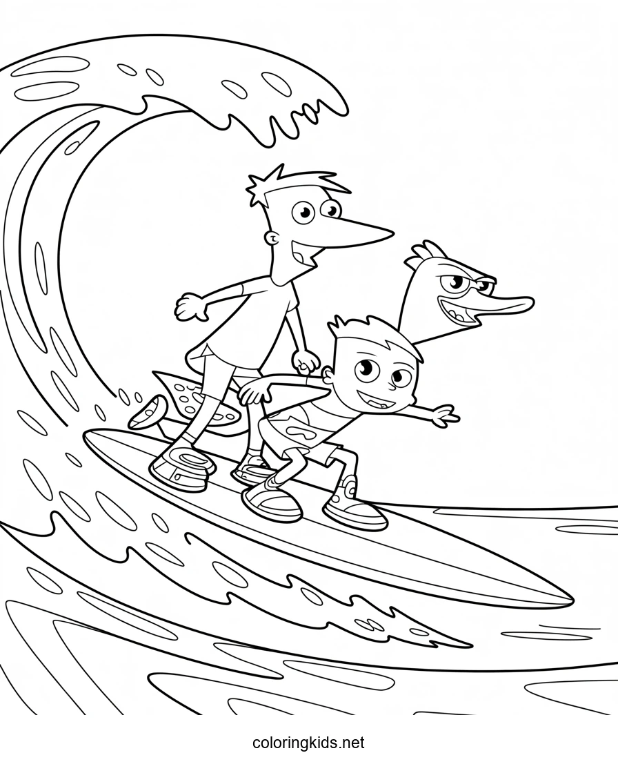 Phineas, Ferb and Perry on surfboar coloring pages f…