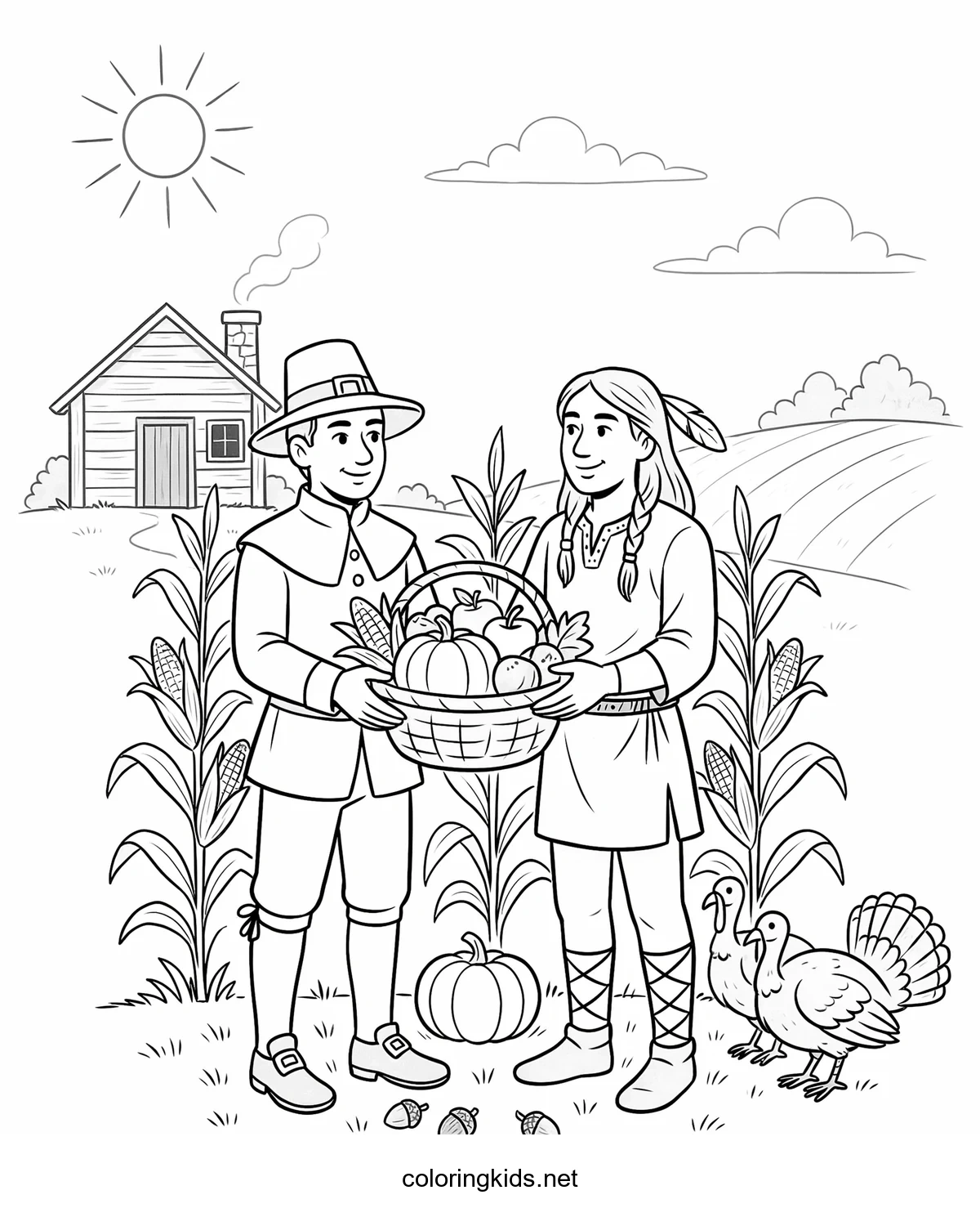 Pilgrim and Native American coloring pages for kids, printable free