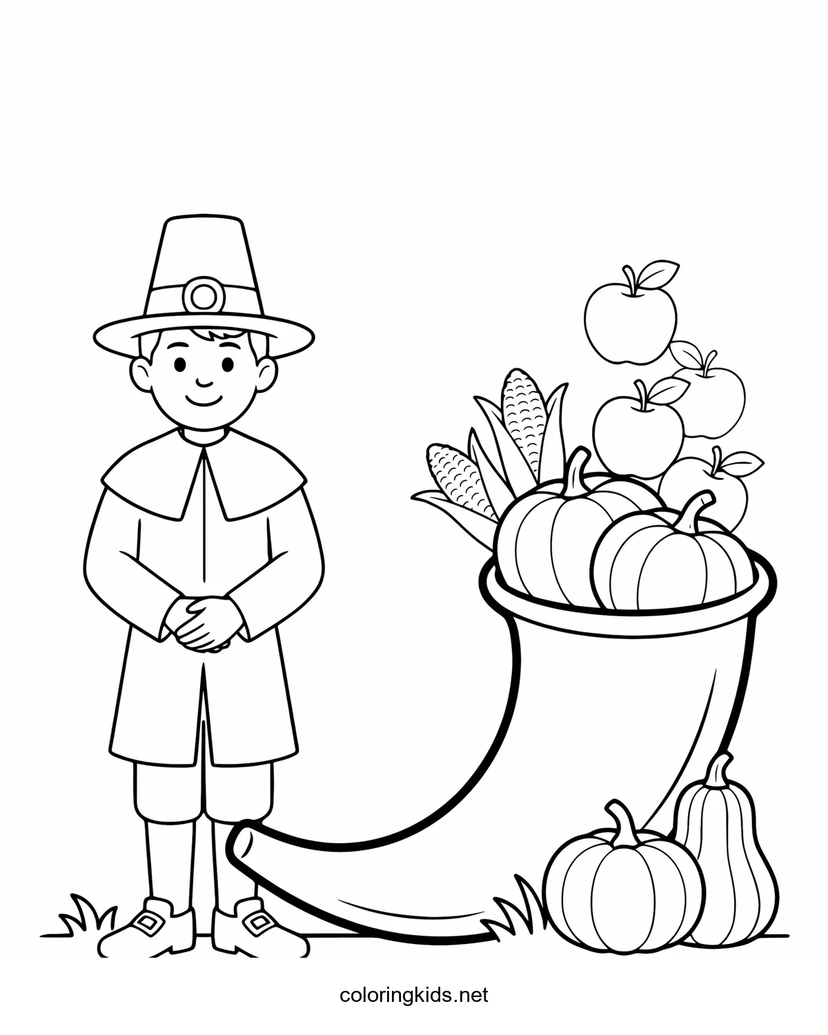 Pilgrim with a Horn of Plenty coloring pages for kids, printable free