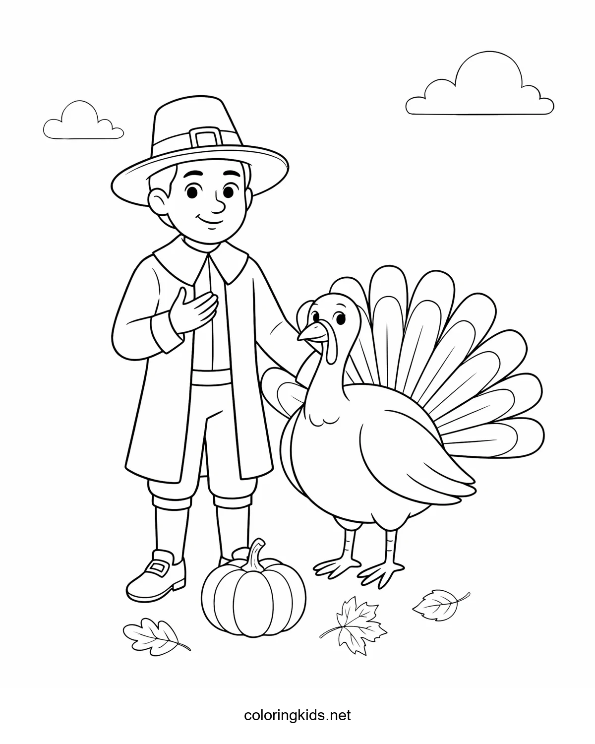Pilgrim with a Turkey coloring pages for kids, printable free
