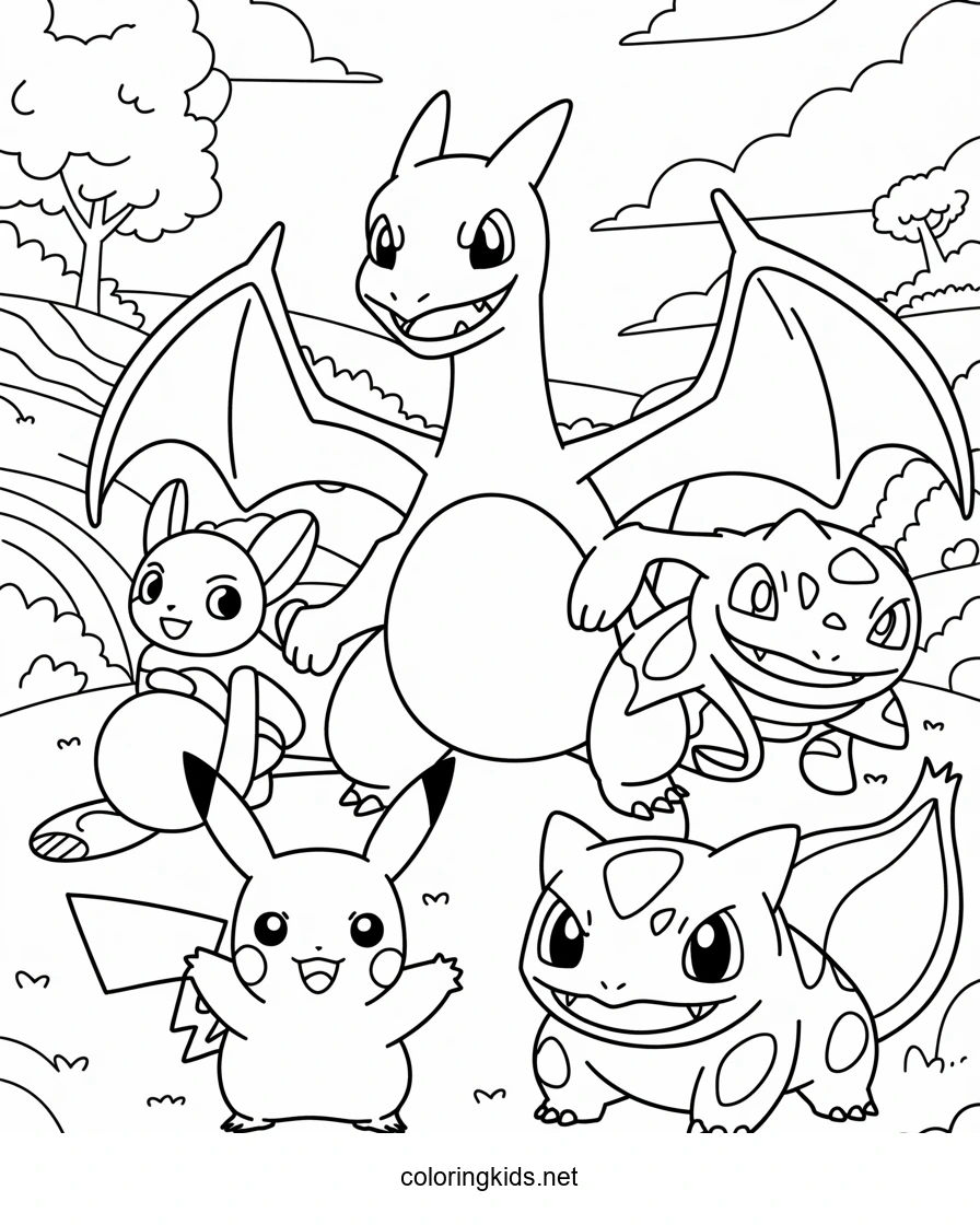Pokemon characters anime coloring pages for kids, printable free
