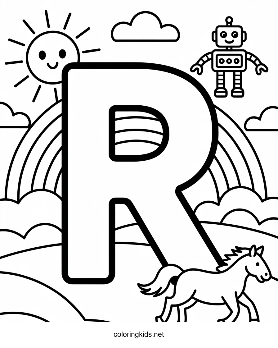 Letter R coloring pages of alphabet (R letter words) for kids, printable