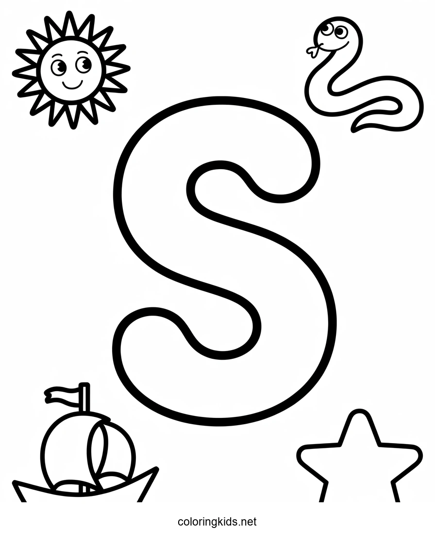 Letter S coloring pages of alphabet (S letter words) for kids, printable