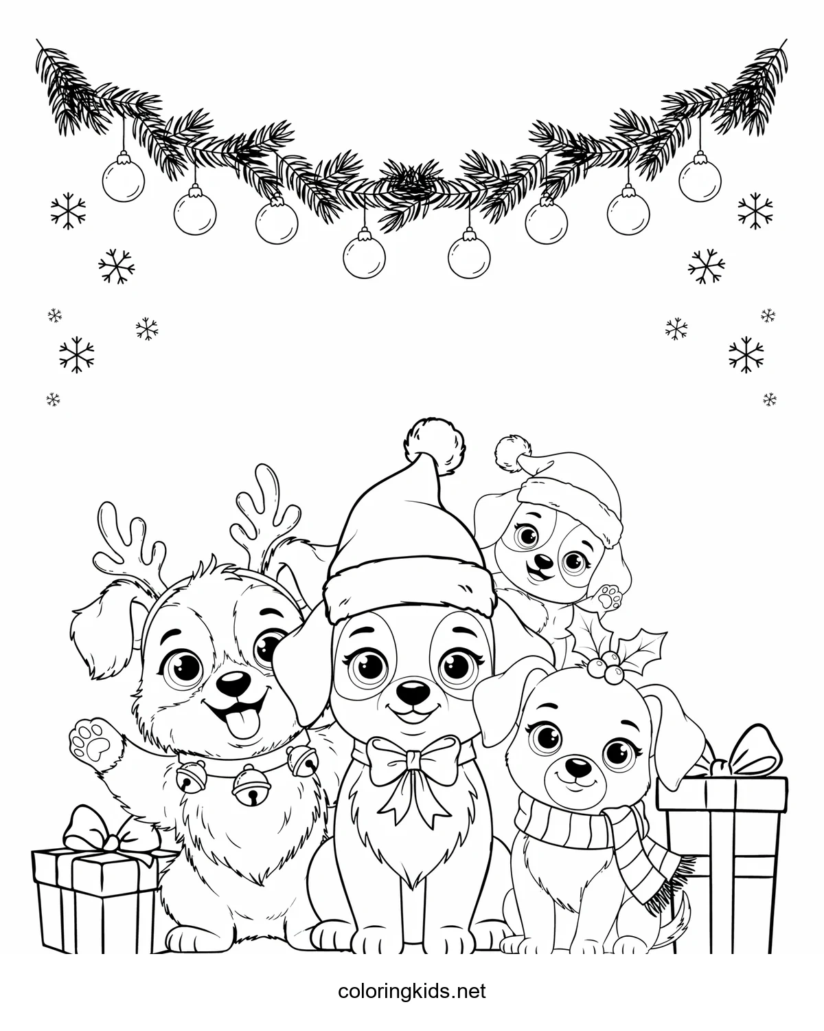 Santa Buddies – Puppies coloring pages for kids, printable free