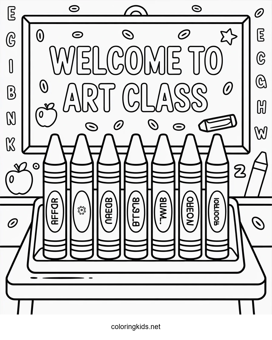 School coloring page 7 crayons, classes coloring page for kids, printable free