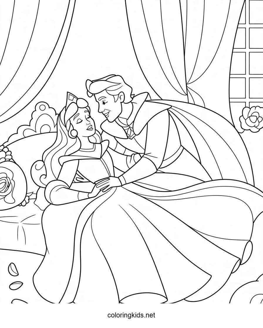 Sleeping Beauty with Prince coloring pages for kids, printable free