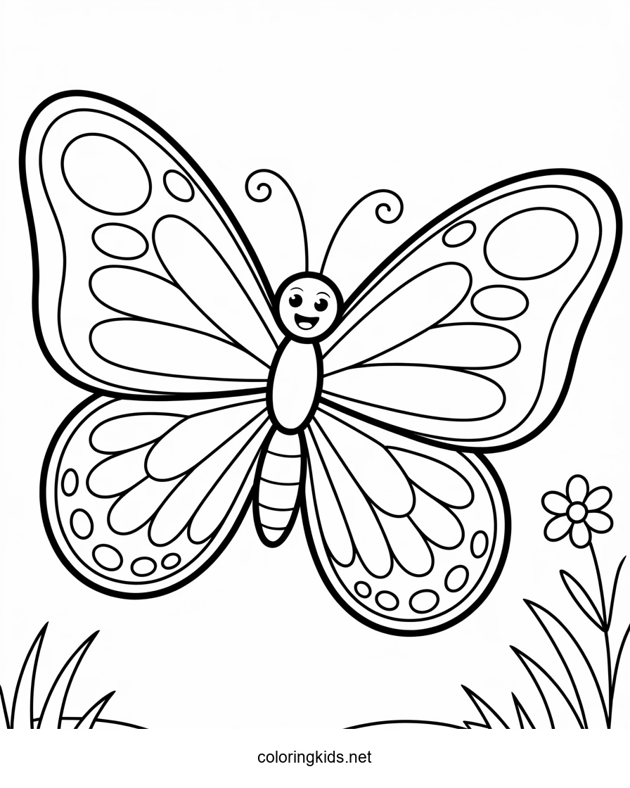 Smiling Butterfly coloring pages for kids, printable free