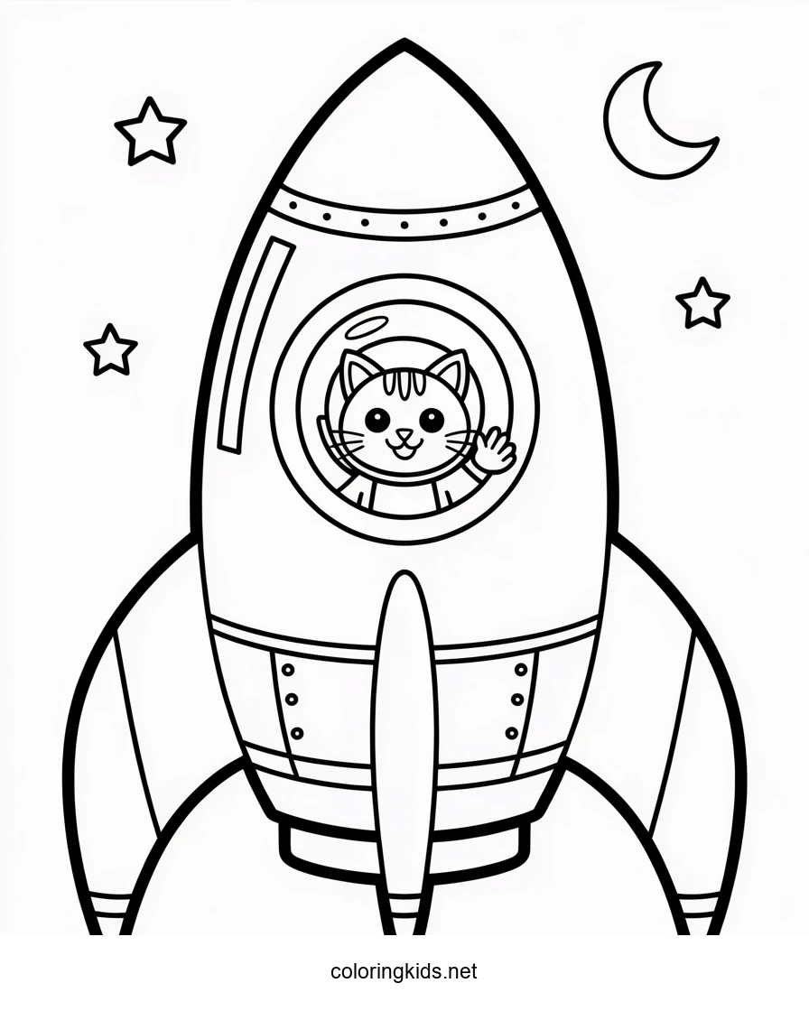 Space craft Rocket coloring pages for kids with cat, printable free