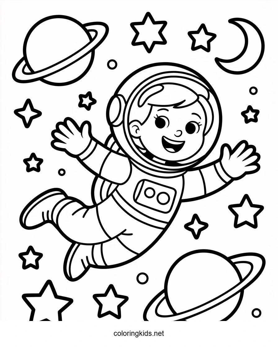 Spaceman girl in the space coloring pages for kids, printable free