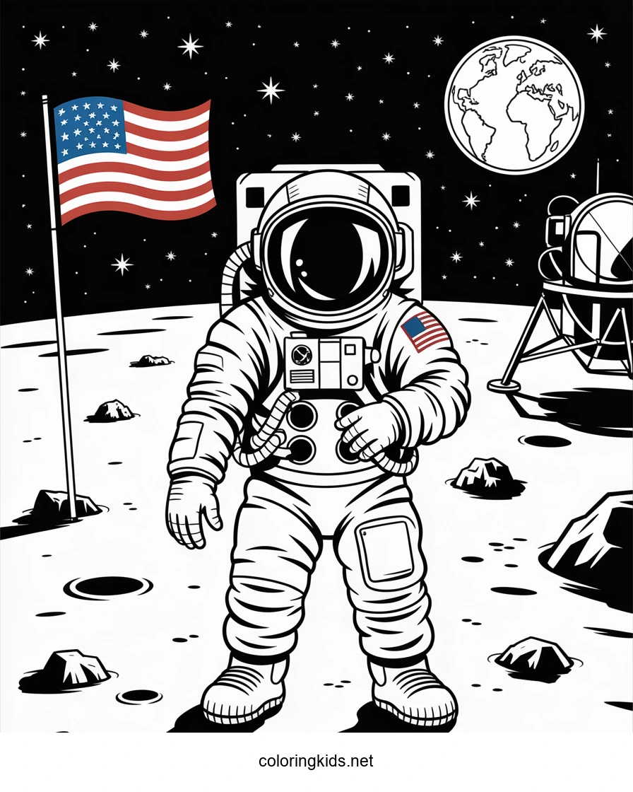 Astronaut on the moon coloring pages with US flag for kids, printable free