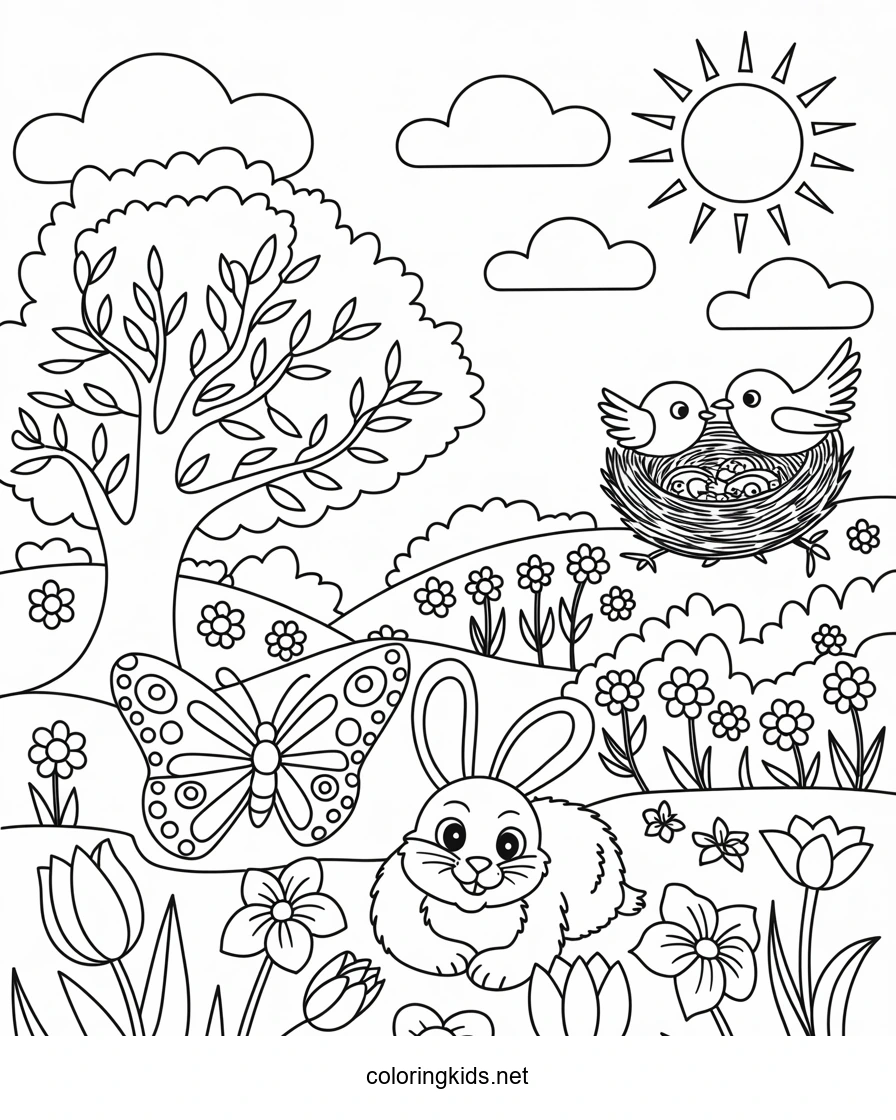 Spring coloring pages for kids, free printable